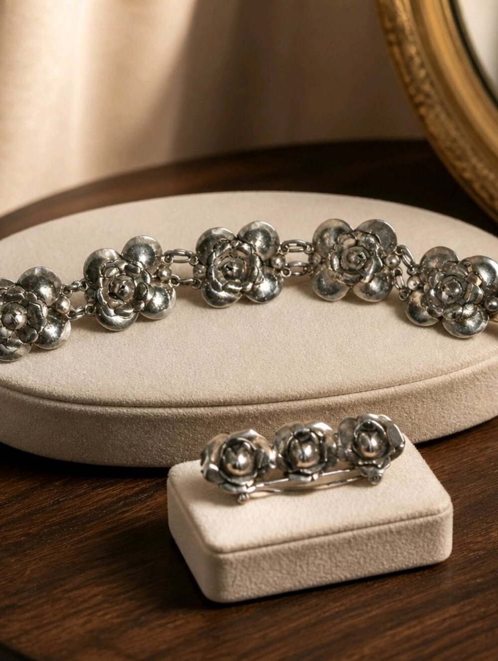 Vintage Sterling Silver Puffy Rose Bracelet and Brooch Set. Made in Mexico. 1970
